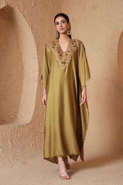 Zar:Rang Olive Green V Neck Kaftan Set
