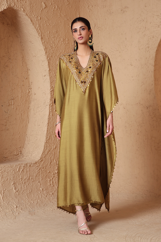 Zar:Rang Olive Green V Neck Kaftan Set