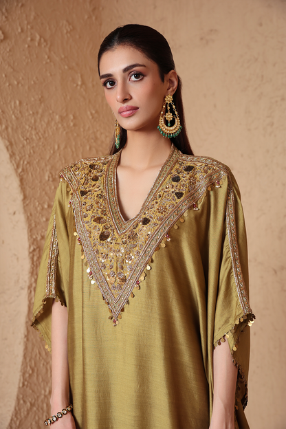 Zar:Rang Olive Green V Neck Kaftan Set