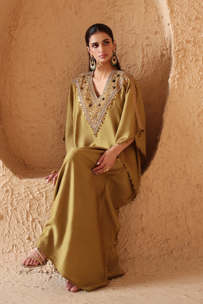 Zar:Rang Olive Green V Neck Kaftan Set