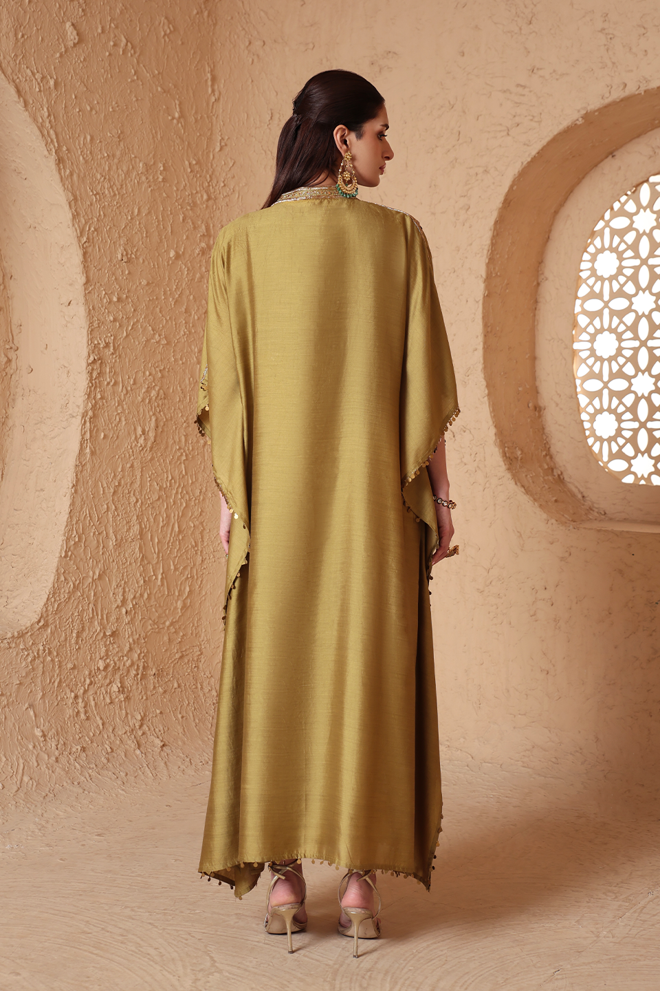 Zar:Rang Olive Green V Neck Kaftan Set