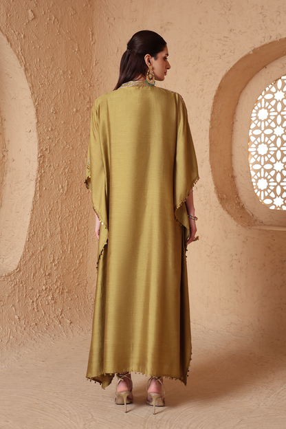 Zar:Rang Olive Green V Neck Kaftan Set