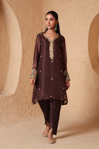 Zar:Rang Brown Short Kurta Set