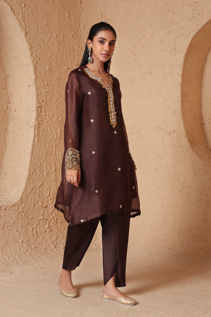 Zar:Rang Brown Short Kurta Set
