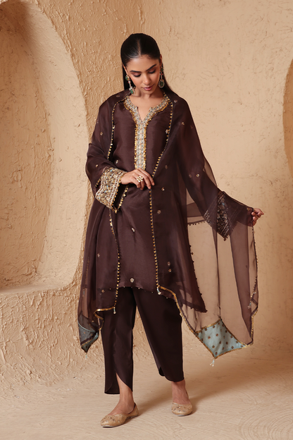 Zar:Rang Brown Short Kurta Set