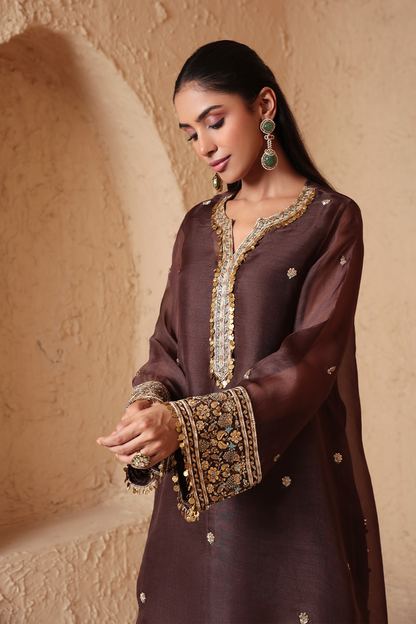 Zar:Rang Brown Short Kurta Set