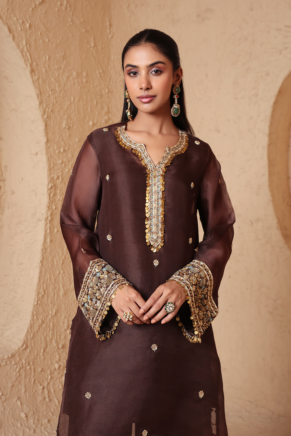 Zar:Rang Brown Short Kurta Set