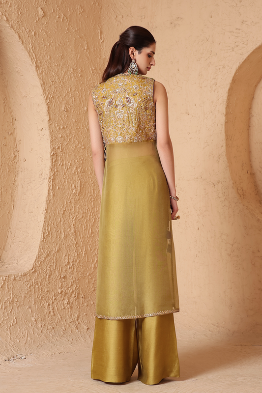 Mehrang Olive Green Tie-up Sleeveless Kurta Set