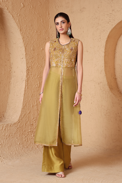 Mehrang Olive Green Tie-up Sleeveless Kurta Set