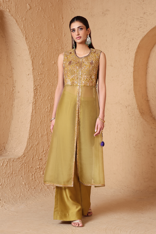 Mehrang Olive Green Tie-up Sleeveless Kurta Set