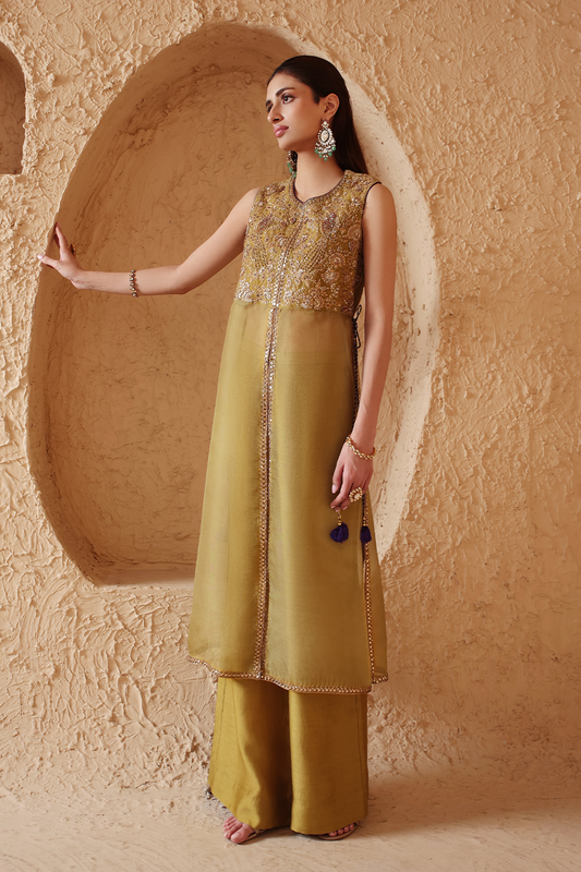 Mehrang Olive Green Tie-up Sleeveless Kurta Set