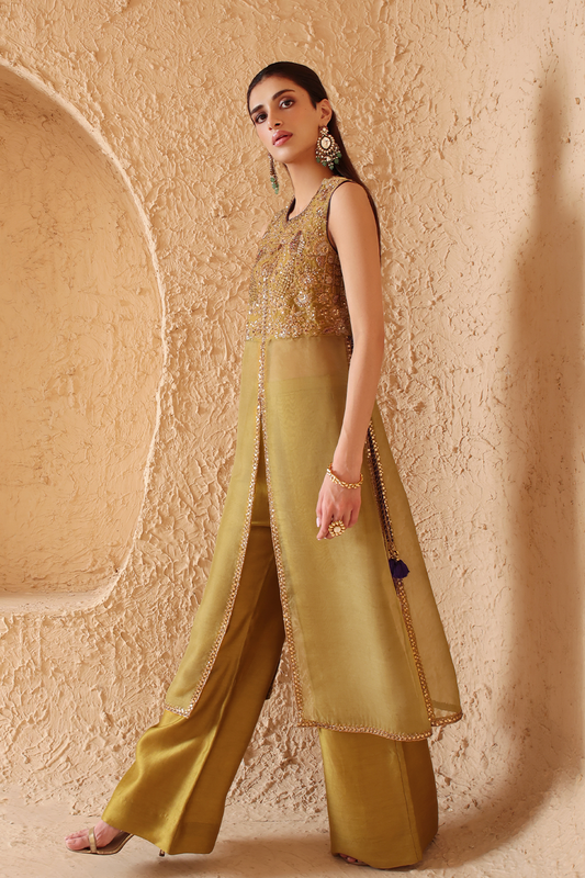 Mehrang Olive Green Tie-up Sleeveless Kurta Set