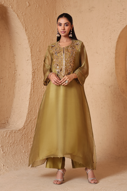 Mehrang Olive Green Kaftan Kurta Set