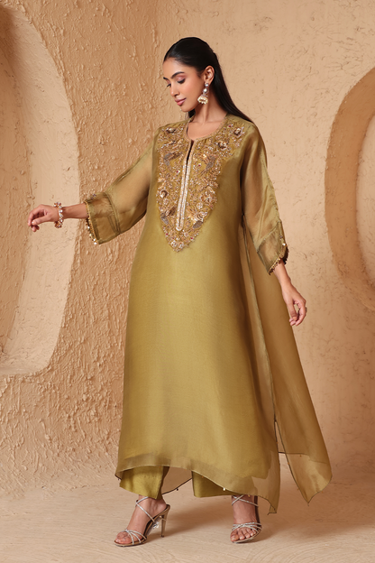 Mehrang Olive Green Kaftan Kurta Set