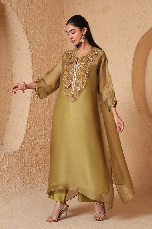 Mehrang Olive Green Kaftan Kurta Set