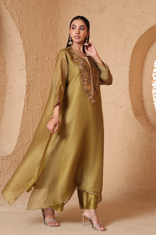 Mehrang Olive Green Kaftan Kurta Set
