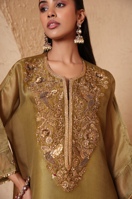 Mehrang Olive Green Kaftan Kurta Set