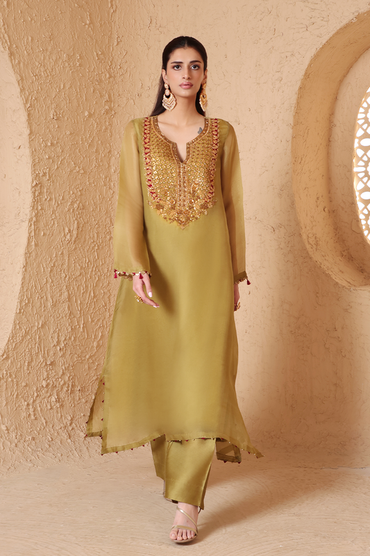 Mehrang Olive Green Heavy Neck Kurta Set