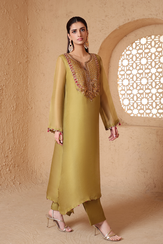 Mehrang Olive Green Heavy Neck Kurta Set