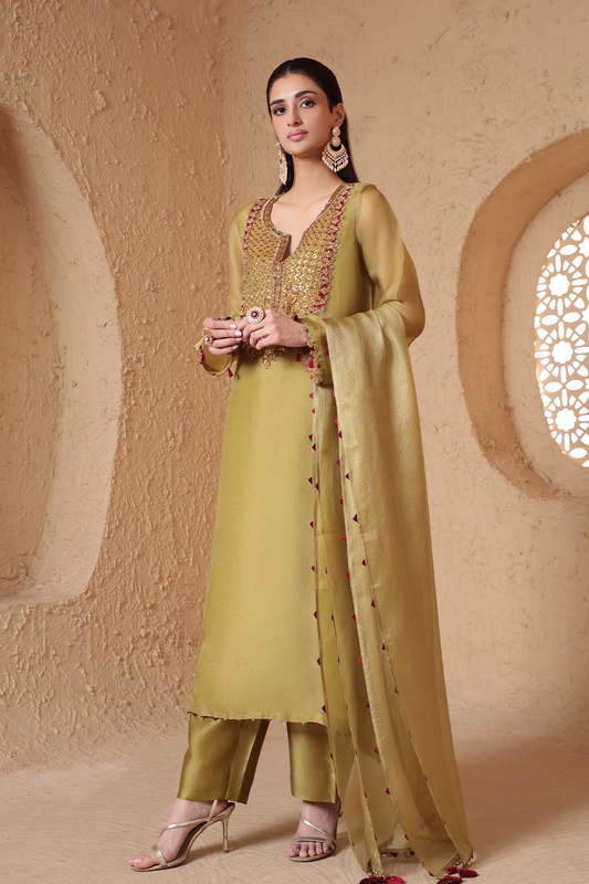 Mehrang Olive Green Heavy Neck Kurta Set