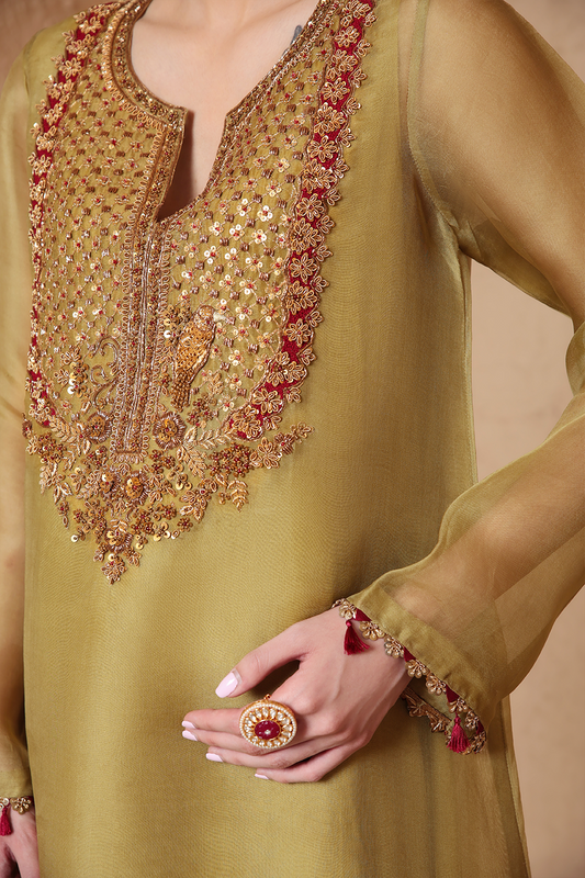 Mehrang Olive Green Heavy Neck Kurta Set