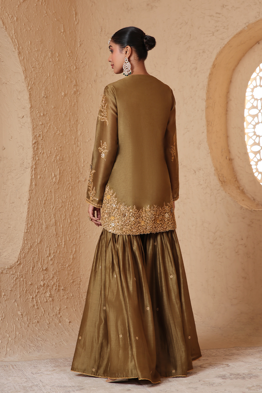 Mehrang Olive Green Heavy Sharara Set