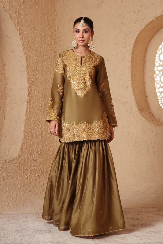 Mehrang Olive Green Heavy Sharara Set