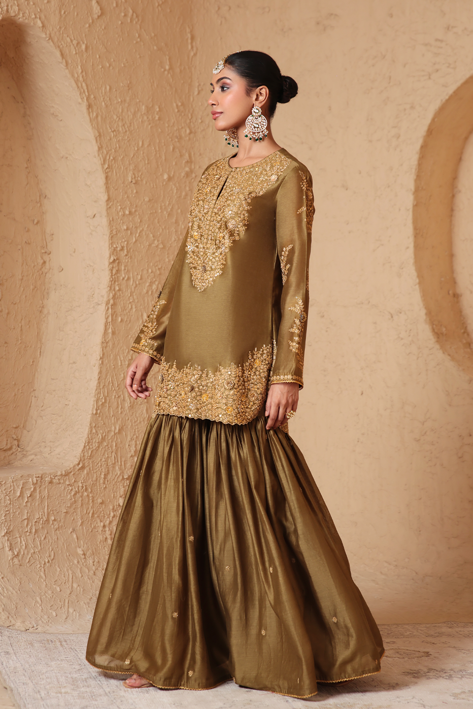 Mehrang Olive Green Heavy Sharara Set