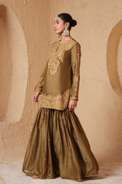 Mehrang Olive Green Heavy Sharara Set