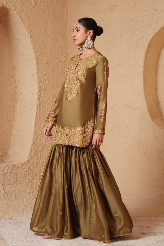 Mehrang Olive Green Heavy Sharara Set