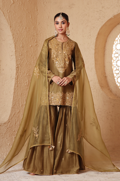 Mehrang Olive Green Heavy Sharara Set