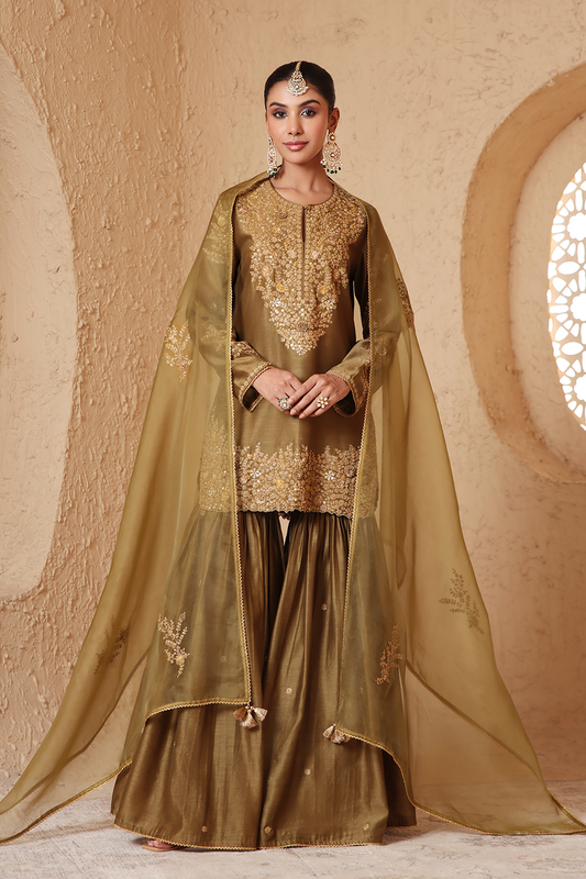 Mehrang Olive Green Heavy Sharara Set