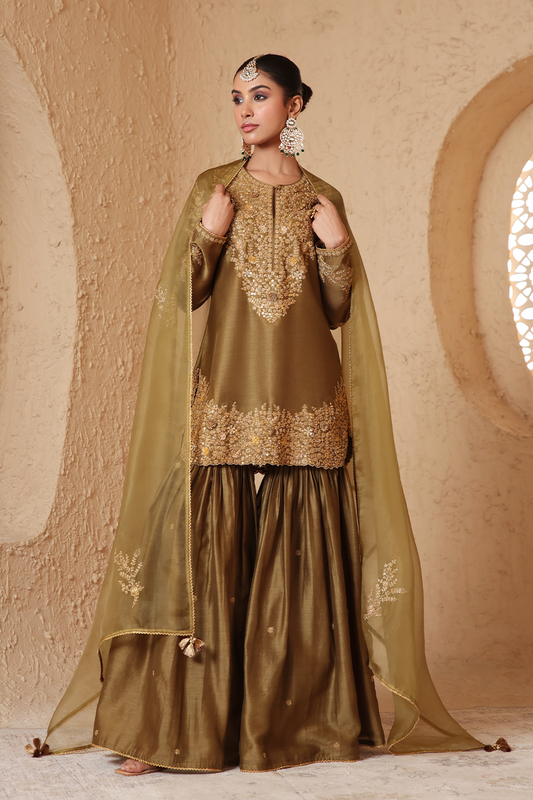 Mehrang Olive Green Heavy Sharara Set