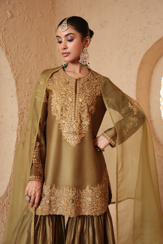 Mehrang Olive Green Heavy Sharara Set