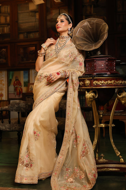 Ahista Ivory Mayur Applique Saree Set