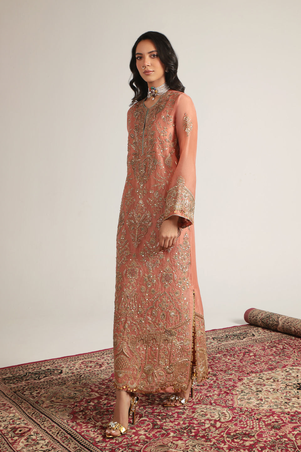 Zar:Rang Peach Heavy Jaal Kaftan Set