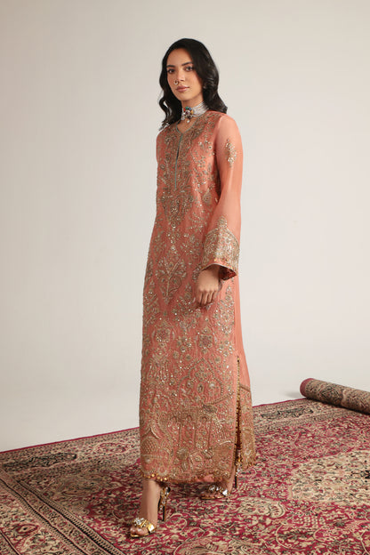 Zar:Rang Peach Heavy Jaal Kaftan Set