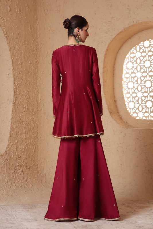 Mehrang Maroon Angrakha Sharara Set