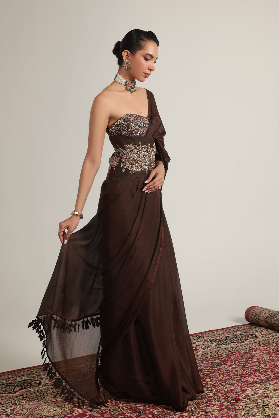 Zar:Rang Brown Double Corset Saree Set