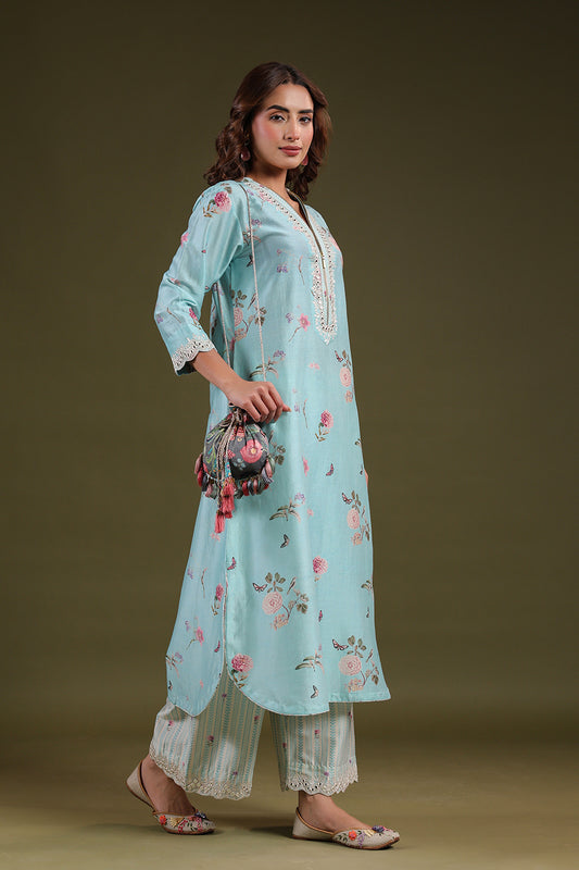 Noor Light Blue Long Zipper Kurta Set