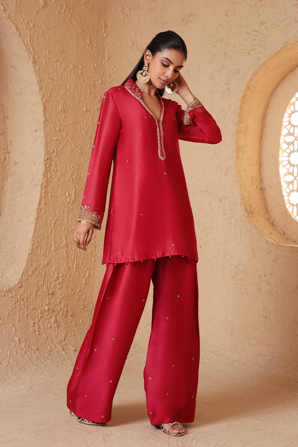 Mehrang Red Short Buti Kurta Set