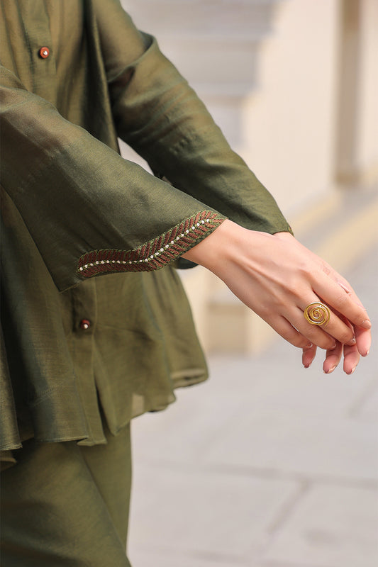 Olive Green V Neck Gathered  Co-ord Set