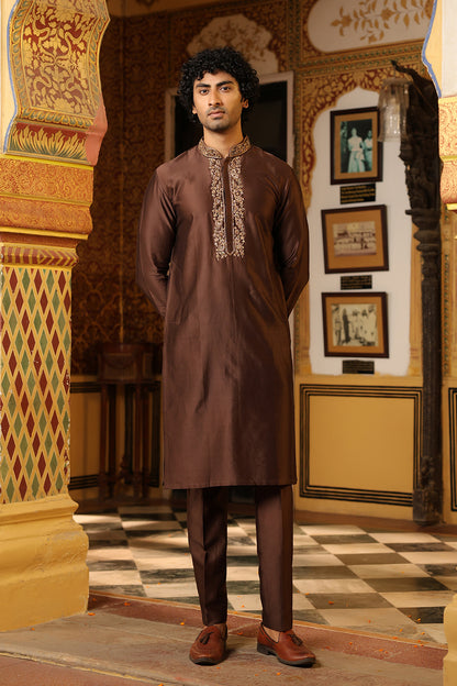 Ahista Brown Zardosi Embroidered Neckline Kurta Set