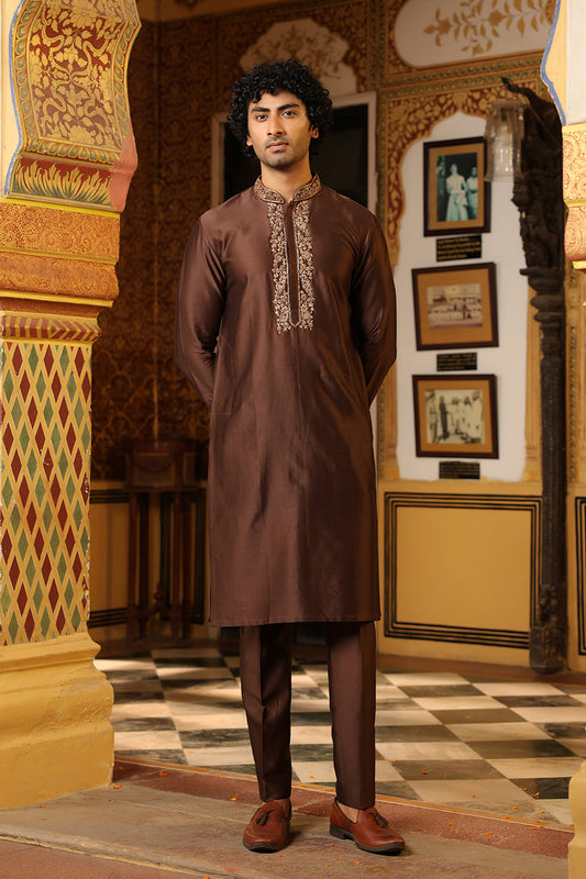 Ahista Brown Zardosi Embroidered Neckline Kurta Set