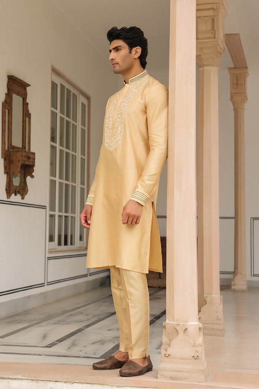 Gulzar Beige Floral Embroidered Neckline Kurta Set