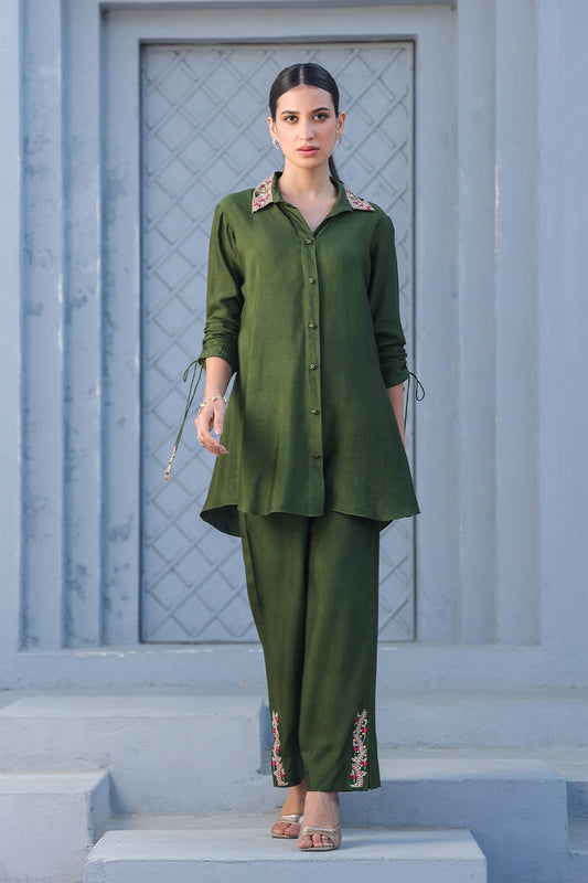 Olive Green Zardosi Collar Shirt