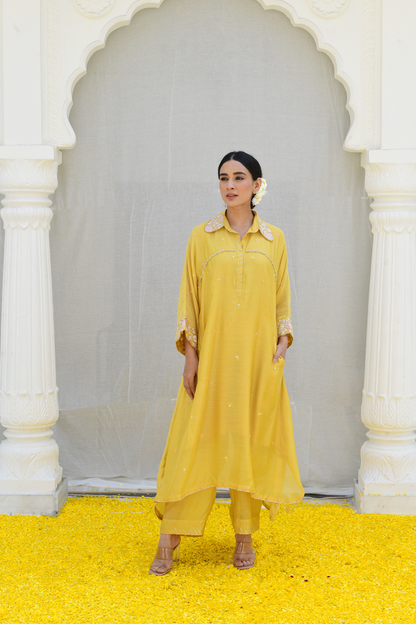 Yellow Roselyn Collar Embroidery Kurta Set