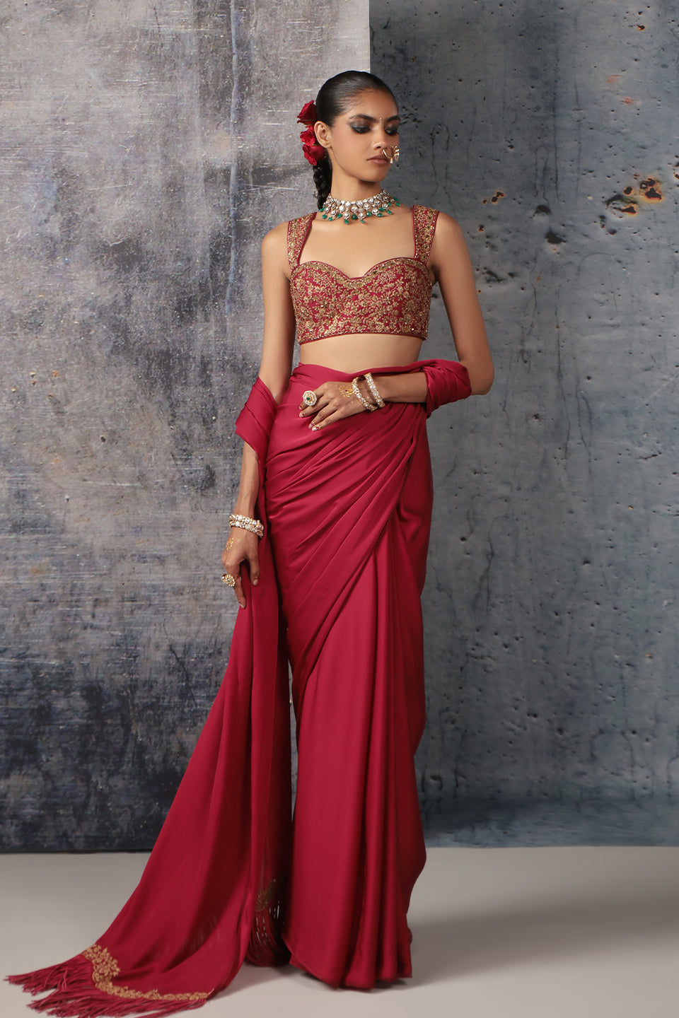 Zar:Rang Maroon Heavy Fringe Saree Set