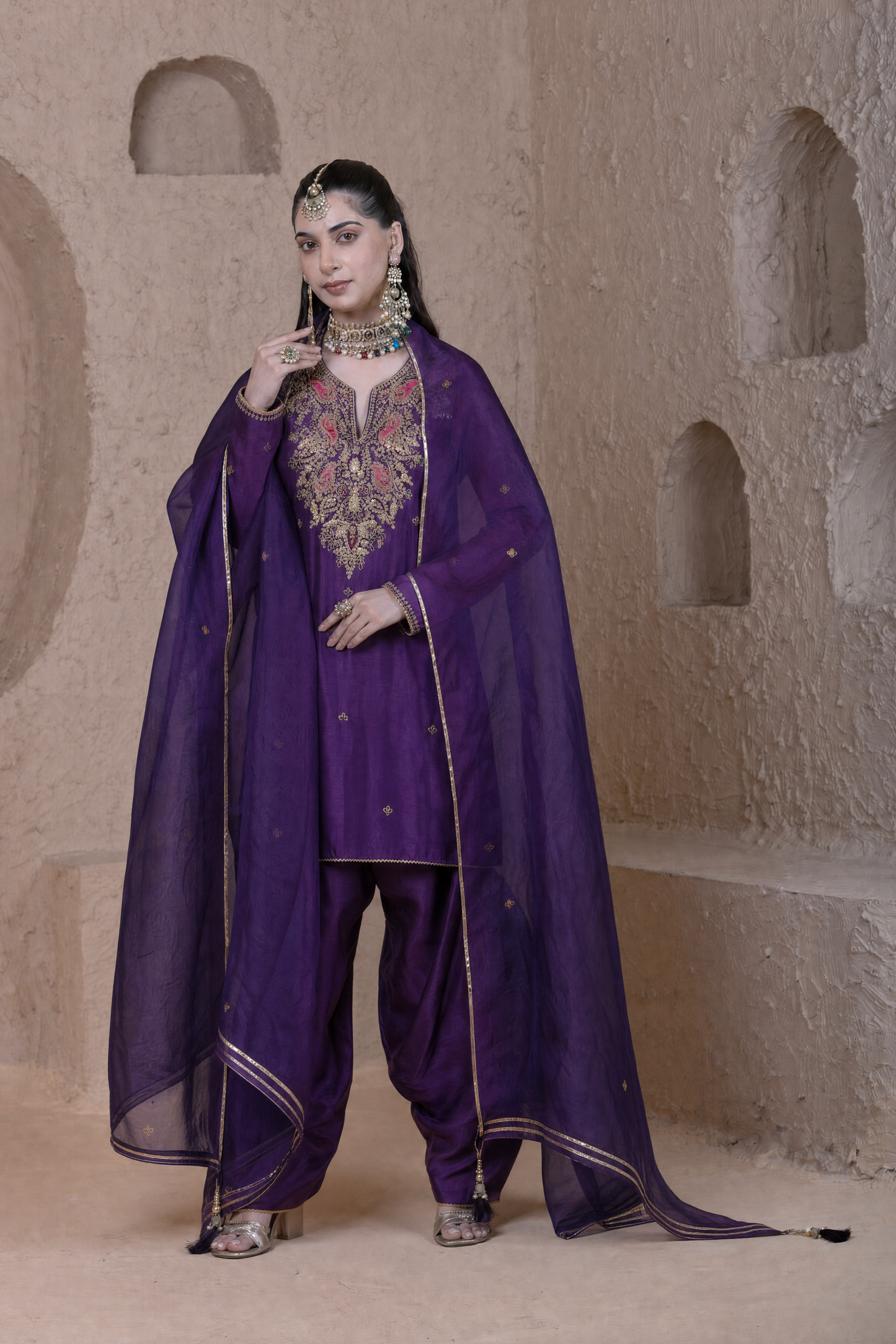 Rangrez Purple Heavy Neck Short Kurta Set
