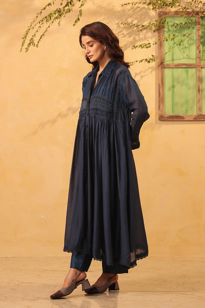 Vaayu Dark Blue Pintuck Collar Kurta Set